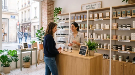 Intérieur d'une boutique CBD moderne en France avec une vendeuse conseillant un client au comptoir, produits visibles sur les étagères en arrière-plan