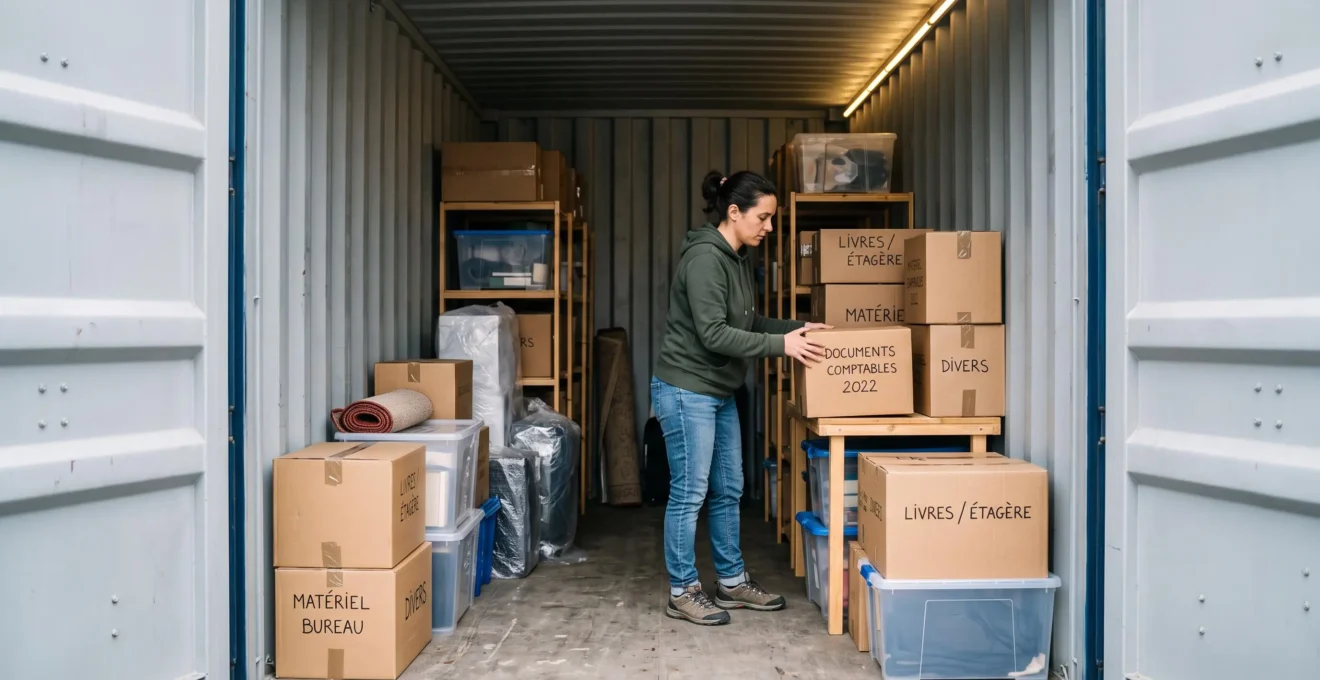 Personne organisant et accédant à ses affaires stockées à l'intérieur d'un container maritime aménagé