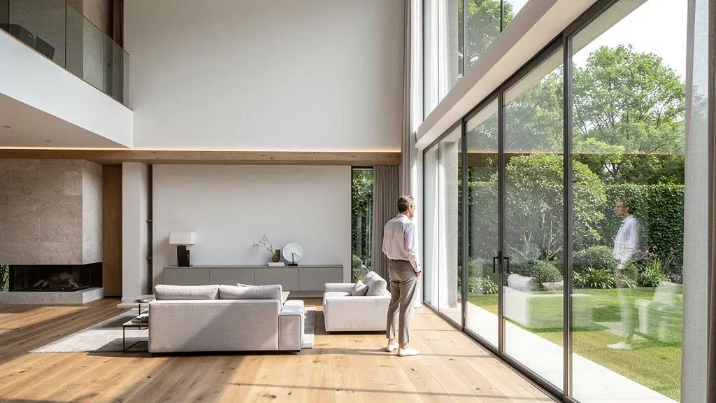 Intérieur spacieux et lumineux d'une villa haut de gamme avec grandes baies vitrées donnant sur jardin