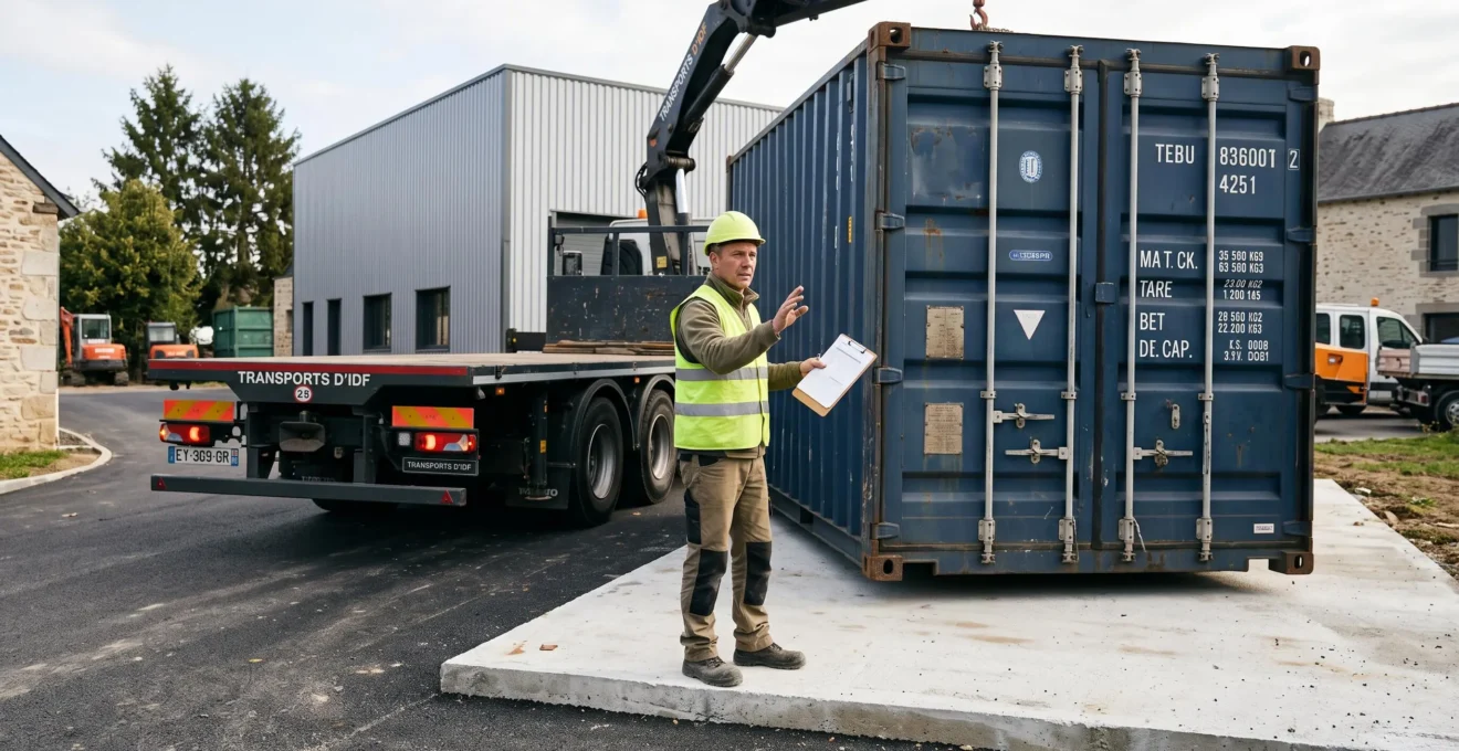 Livraison et installation d'un container maritime de 20 pieds sur un terrain par camion professionnel