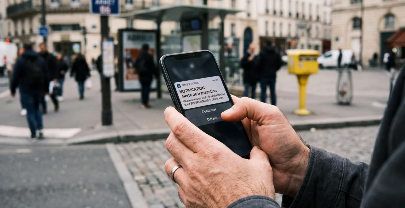 Gros plan sur une main tenant un smartphone affichant une notification d'alerte bancaire en contexte urbain français