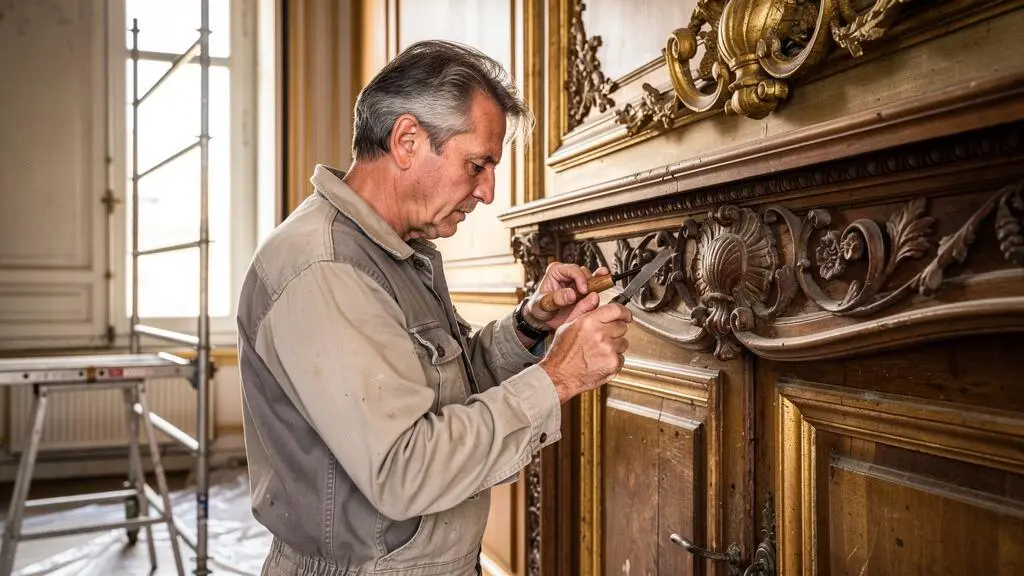 Artisan restaurateur travaillant sur des boiseries anciennes dans une demeure de caractère