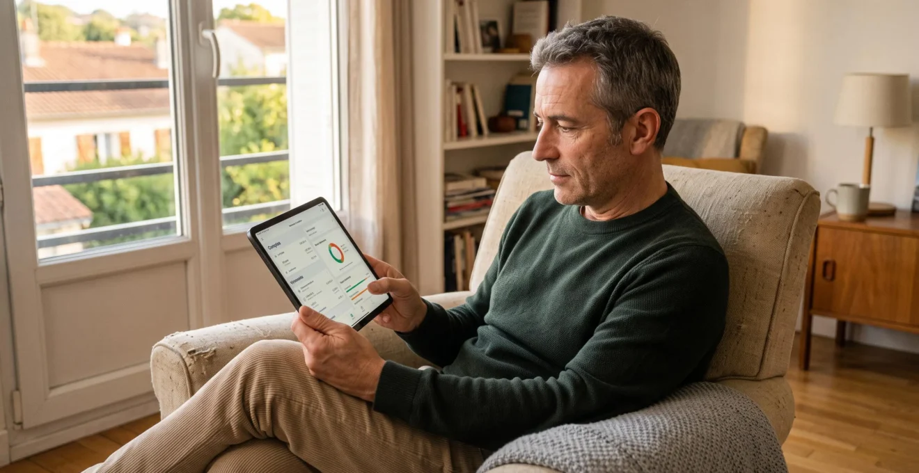 Homme d'âge mûr consultant son application bancaire sur tablette confortablement installé dans son salon