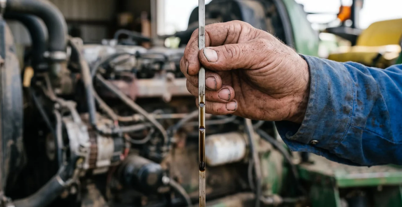 Gros plan sur une main tenant la jauge d'huile d'un moteur de tracteur, montrant le niveau d'huile sur la tige métallique.