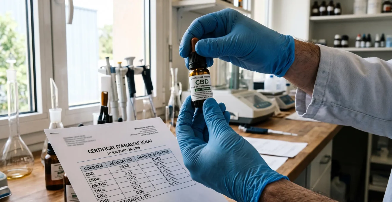 Mains d'un professionnel inspectant une bouteille d'huile de CBD à la lumière naturelle sur un plan de travail avec certificats de qualité