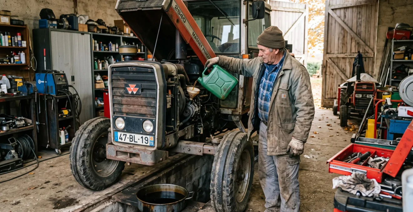 Un agriculteur verse de l'huile moteur neuve dans le moteur d'un tracteur agricole dans un hangar de ferme, avec un bac de récupération au sol.