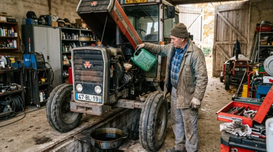 Un agriculteur verse de l'huile moteur neuve dans le moteur d'un tracteur agricole dans un hangar de ferme, avec un bac de récupération au sol.