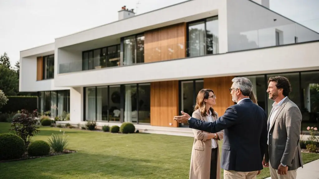 Conseiller immobilier présentant une maison d'architecte contemporaine à un couple lors d'une visite privée