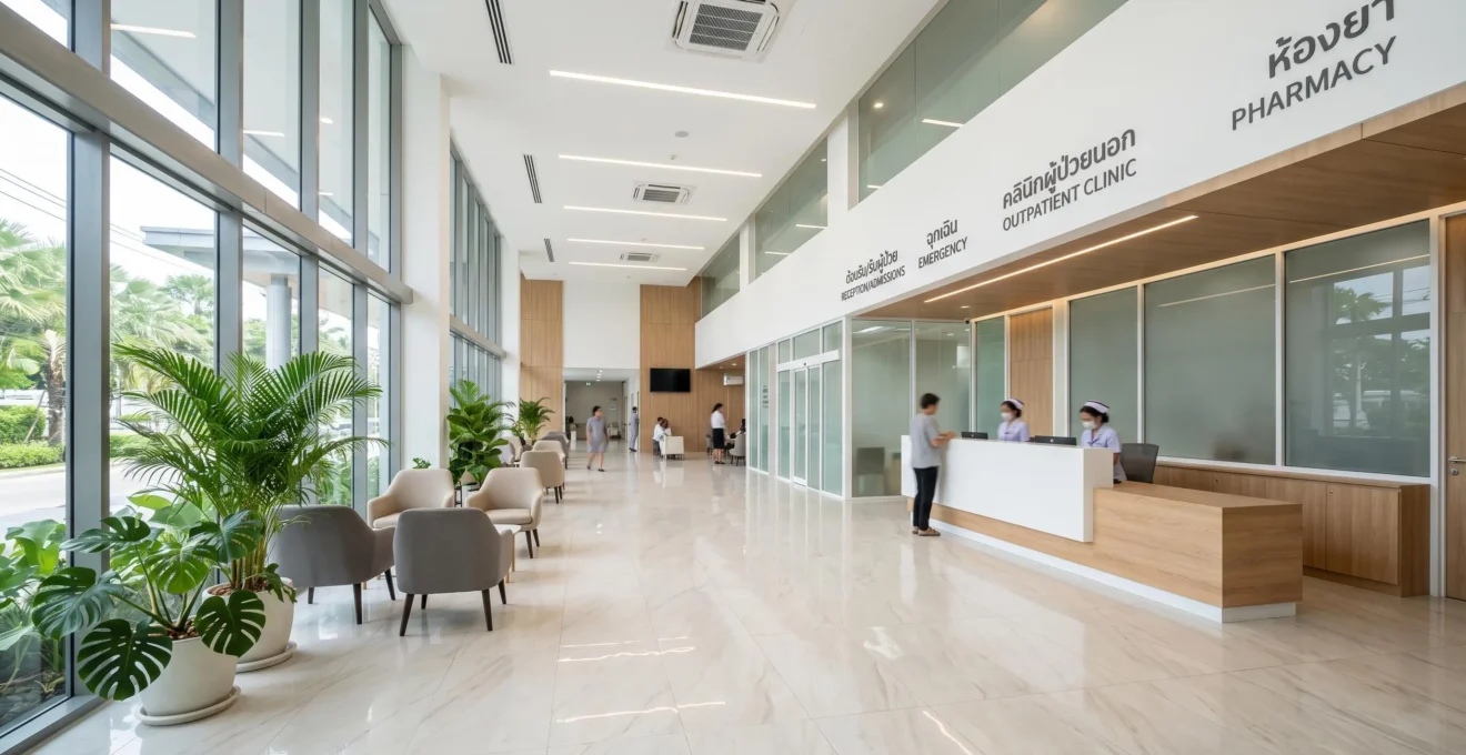 Hall d'entrée spacieux et moderne d'un hôpital privé international en Thaïlande avec réception et signalétique multilingue