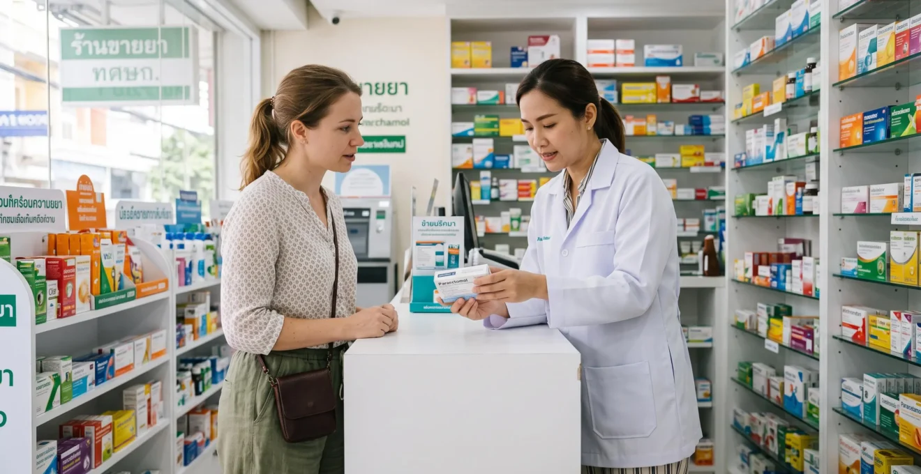 Pharmacienne thaïlandaise donnant des médicaments à une touriste occidentale dans une pharmacie moderne en Thaïlande