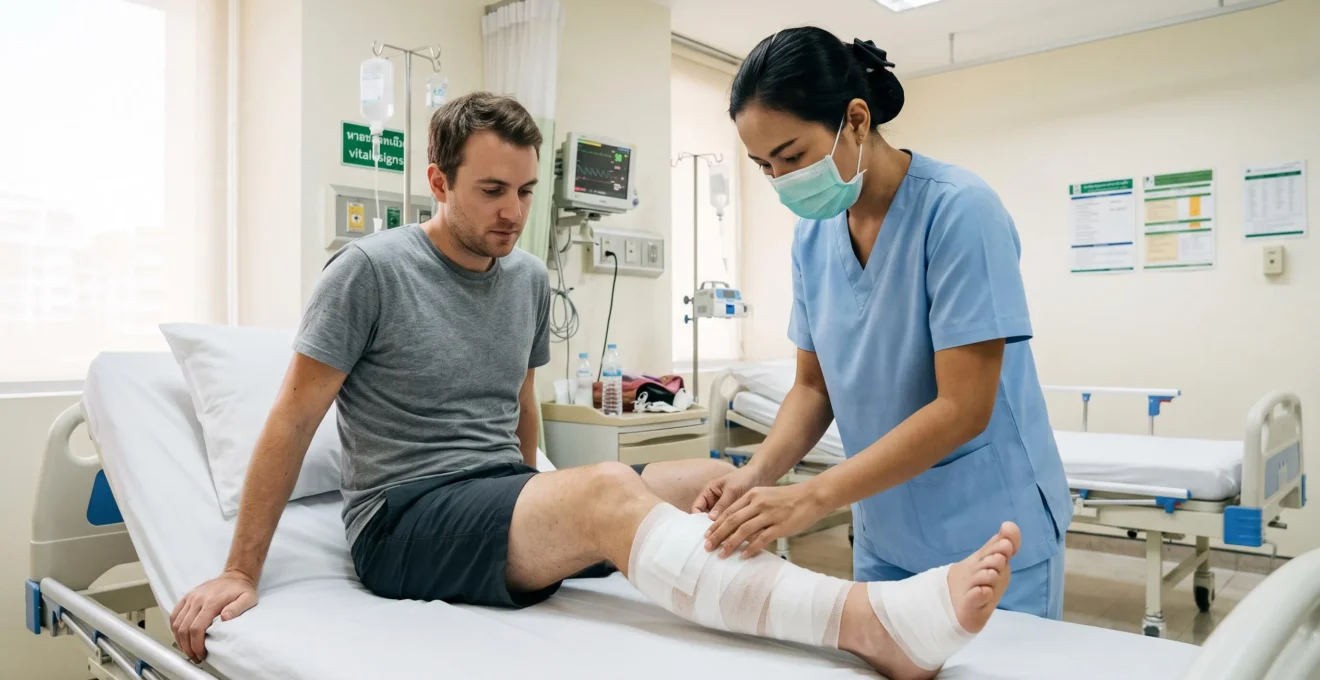 Infirmière thaïlandaise vérifiant le pansement de la jambe d'un touriste occidental dans une chambre d'hôpital moderne en Thaïlande