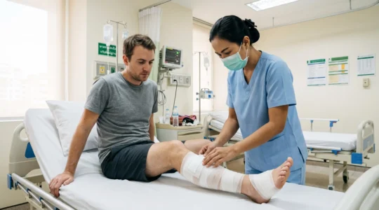 Infirmière thaïlandaise vérifiant le pansement de la jambe d'un touriste occidental dans une chambre d'hôpital moderne en Thaïlande