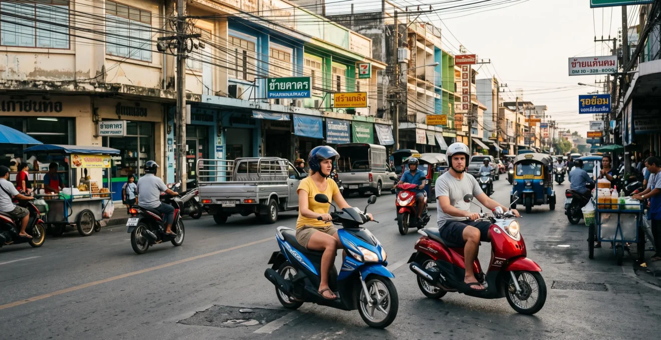 Touristes occidentaux circulant sur des scooters dans une rue animée d'une ville thaïlandaise