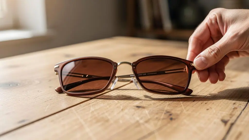 Une main compare deux paires de lunettes de soleil marron posées sur une table en bois.