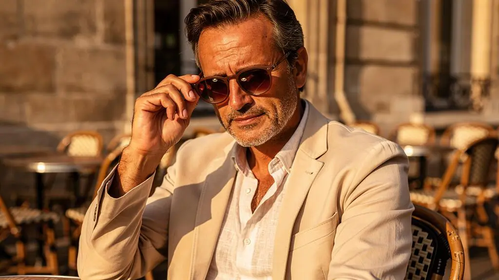 Un homme ajuste ses lunettes de soleil à monture marron attablé en terrasse ensoleillée.