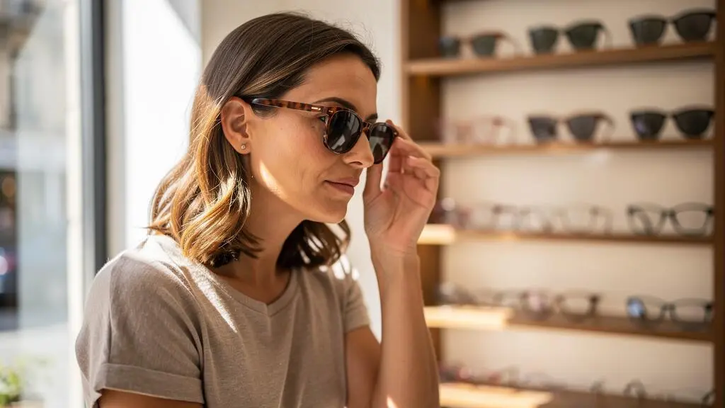 Une femme essaie une paire de lunettes de soleil à verres marron devant un miroir d'opticien.